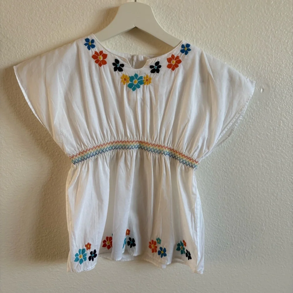 Gymboree White Cotton Top embroidered 4 girl floral tropical conch waist